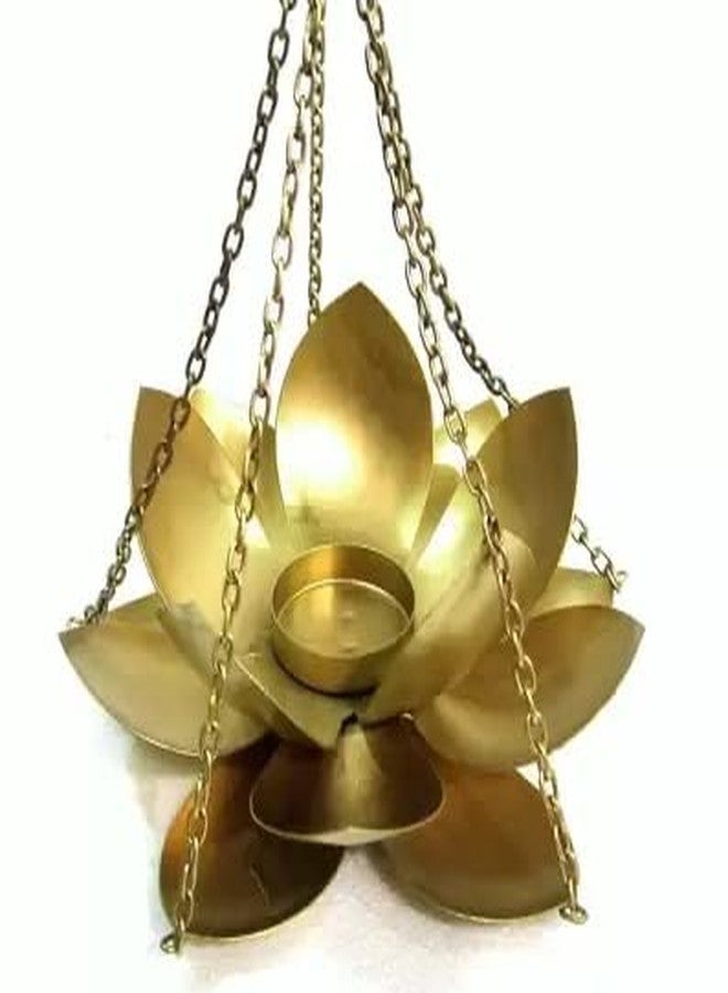 Evisha حامل شموع معلق على شكل زهرة اللوتس من المعدن المصقول الذهبي من إيفيشا، مثالي لتزيين المنزل في مهرجان ديوالي (سلسلة زهرة اللوتس) - Image 1