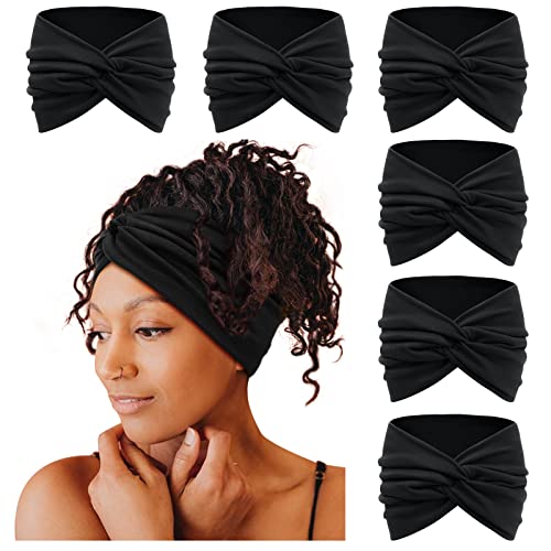 Tobeffect Wide Headbands for Women, 7'' Extra Large Black Turban Headband Twisted Knot Hairband Hair Accessories, 6 Pack - Image 1