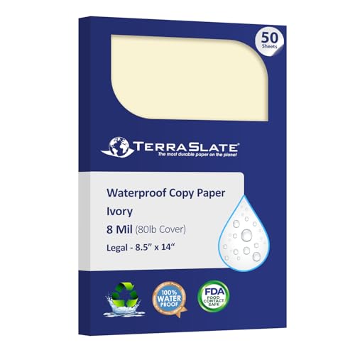 TerraSlate Waterproof Paper, Rip-Proof Colored Paper, Ivory, 50 Sheets, 8 Mil, (80lb Cover), 8.5” x 14”, Laser Printer and Copy Machine Compatible - Image 1