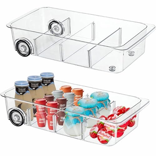 MineSign 2Pack Roll Out Fridge Caddy Bins Pull Out Drawer with Wheels Refrigerator Organizer Bins with Handles Divided Fruit Caddy for Fridge Pantry Cabinet Storage Cans Drinks - Image 2