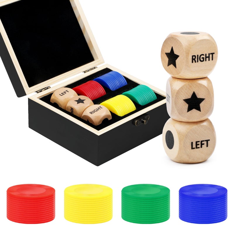 Pagather Fun Left Right Roll Dice Game Set Include 3 1inch Wooden Dices and 48 Pcs Chips in Black Wooden Box Easy to Store and Carry Around for Travel - Image 3