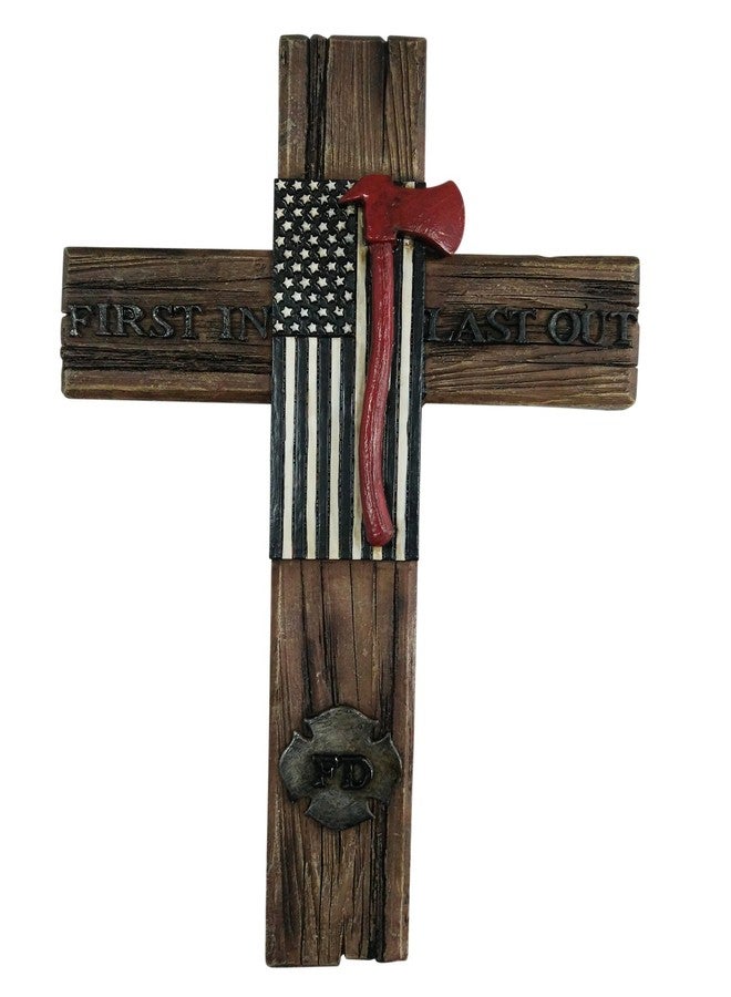 Pine Ridge US Fire Department Wall Hanging Cross – Christian Wooden Cross with Ax & American Flag Design – ‘First In, Last Out’ Inscribed – Perfect Firefighter Gift for Home or Office Decor - Image 1