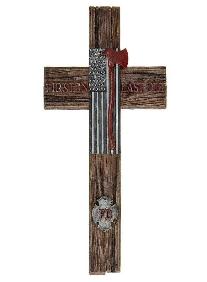 Pine Ridge US Fire Department Wall Hanging Cross – Christian Wooden Cross with Ax & American Flag Design – ‘First In, Last Out’ Inscribed – Perfect Firefighter Gift for Home or Office Decor - Image 2