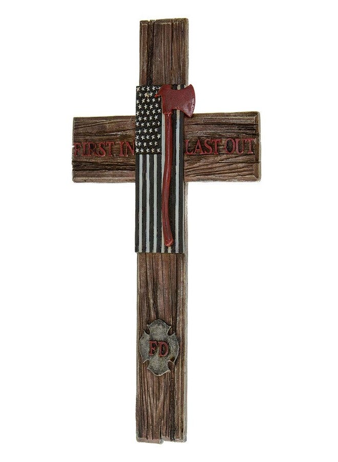 Pine Ridge US Fire Department Wall Hanging Cross – Christian Wooden Cross with Ax & American Flag Design – ‘First In, Last Out’ Inscribed – Perfect Firefighter Gift for Home or Office Decor - Image 3