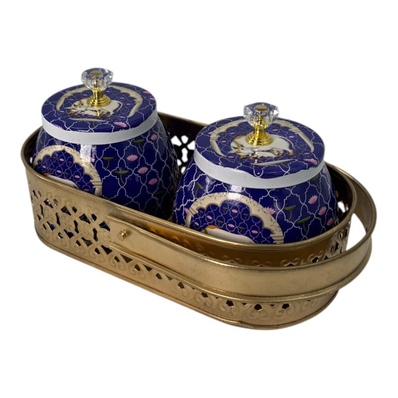 COOPTIC Elegant Dual Jar Set with Decorative Golden Basket | Handcrafted Iron Holder Featuring Traditional Art | Ideal for Kitchen Storage, Gifts & Festive Home Décor (Blue-Cow) - Image 5