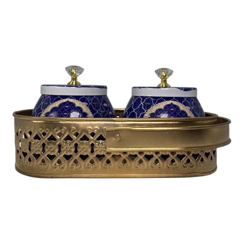 COOPTIC Elegant Dual Jar Set with Decorative Golden Basket | Handcrafted Iron Holder Featuring Traditional Art | Ideal for Kitchen Storage, Gifts & Festive Home Décor (Blue-Cow) - Image 4