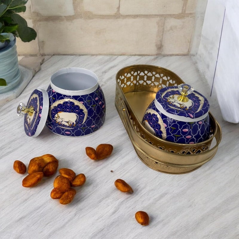 COOPTIC Elegant Dual Jar Set with Decorative Golden Basket | Handcrafted Iron Holder Featuring Traditional Art | Ideal for Kitchen Storage, Gifts & Festive Home Décor (Blue-Cow) - Image 2