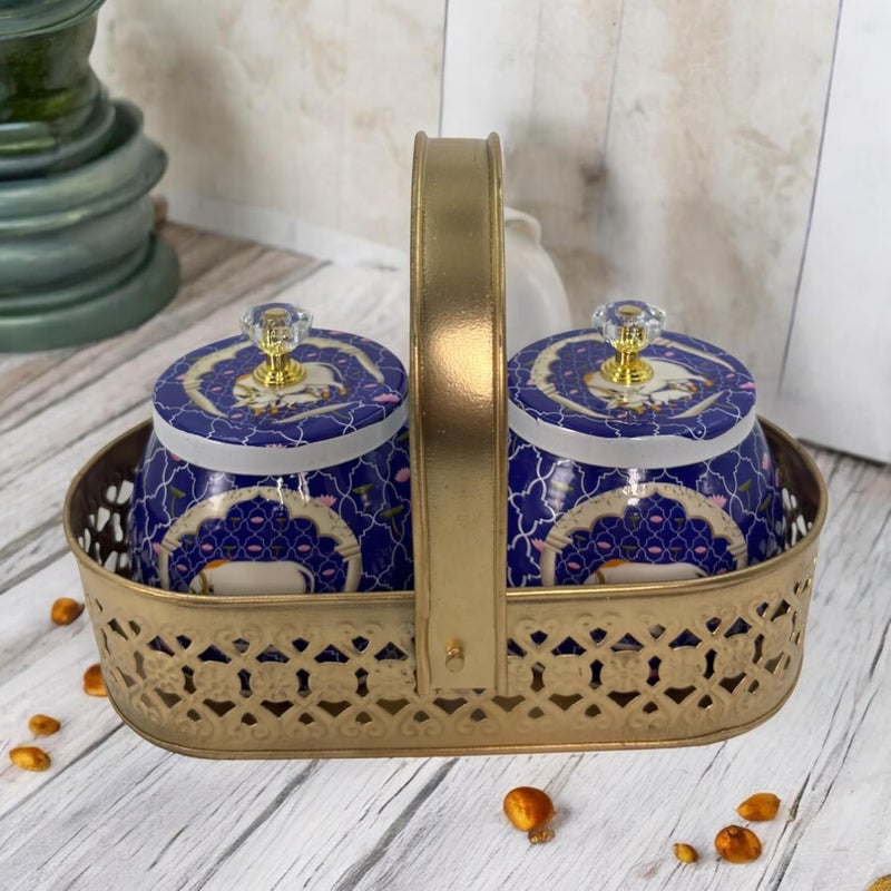 COOPTIC Elegant Dual Jar Set with Decorative Golden Basket | Handcrafted Iron Holder Featuring Traditional Art | Ideal for Kitchen Storage, Gifts & Festive Home Décor (Blue-Cow) - Image 1