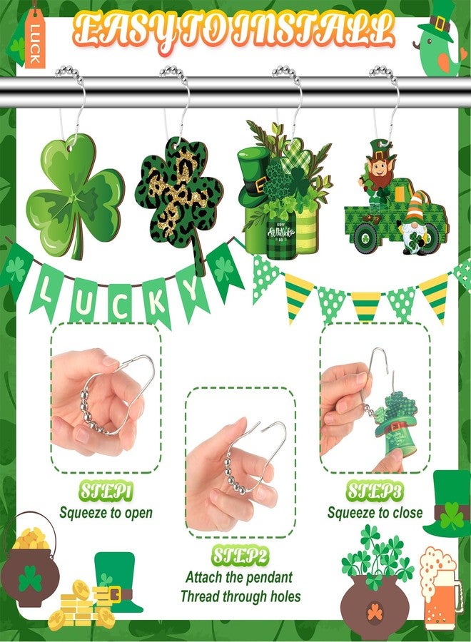 Barydat Set of 24 St. Patrick's Day Wood Shower Curtain Hooks Irish Shower Curtain Rings Decorative Clover Green Hat Rust Resistant Hooks for Bathroom Bedroom Decorations Accessories - Image 3
