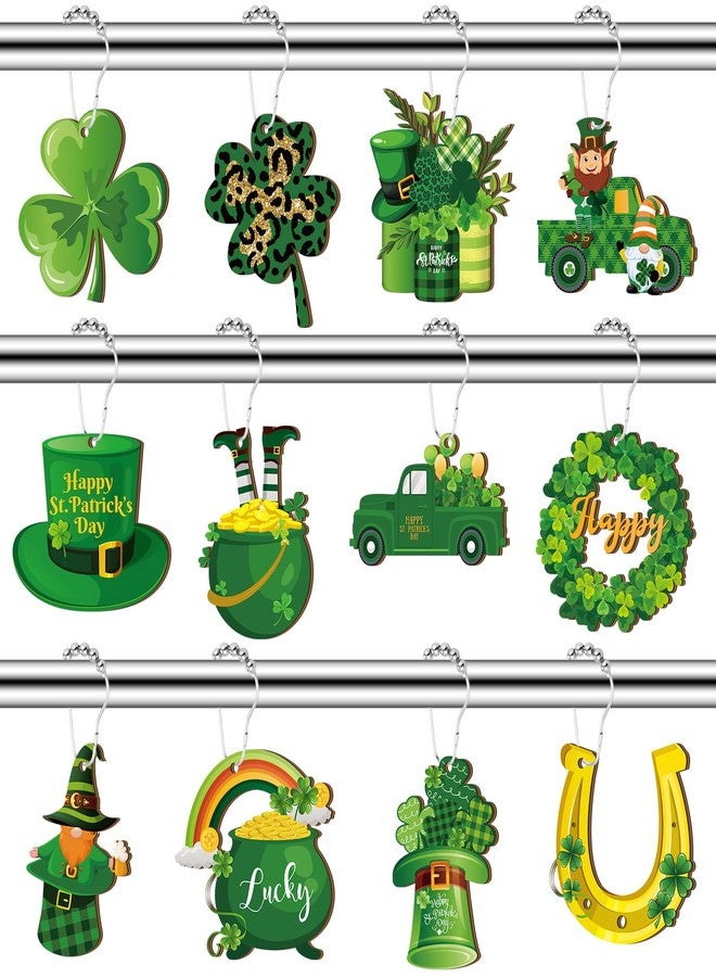 Barydat Set of 24 St. Patrick's Day Wood Shower Curtain Hooks Irish Shower Curtain Rings Decorative Clover Green Hat Rust Resistant Hooks for Bathroom Bedroom Decorations Accessories - Image 1