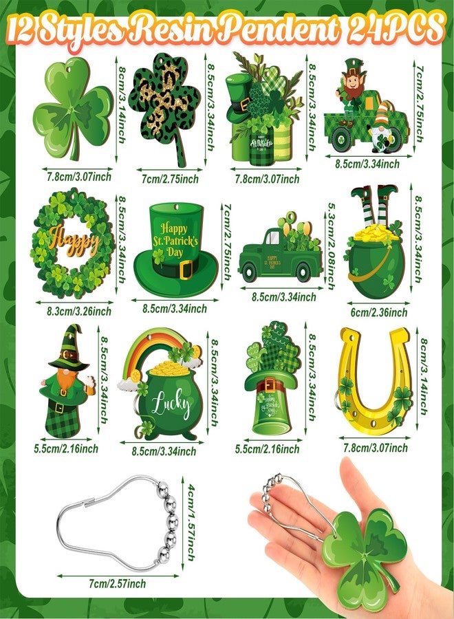 Barydat Set of 24 St. Patrick's Day Wood Shower Curtain Hooks Irish Shower Curtain Rings Decorative Clover Green Hat Rust Resistant Hooks for Bathroom Bedroom Decorations Accessories - Image 2