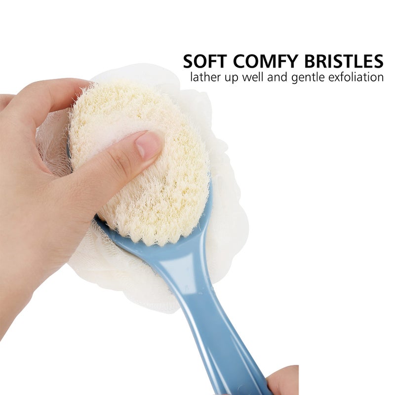 HONOMA Shower Body Brush with Bristles and Loofah,Back Scrubber Bath Mesh Sponge with Curved Long Handle for Skin Exfoliating Bath, Massage Bristles Suitable for Wet or Dry, Men and Women (Blue) - Image 2
