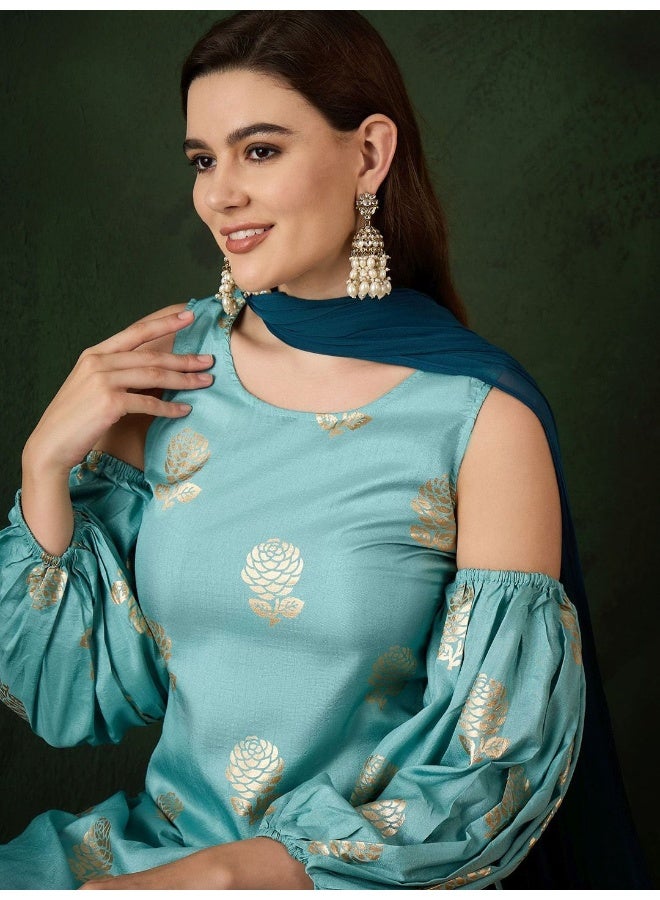 AKS Cyan & Cobalt Blue Foil print Kurta set  - Image 2