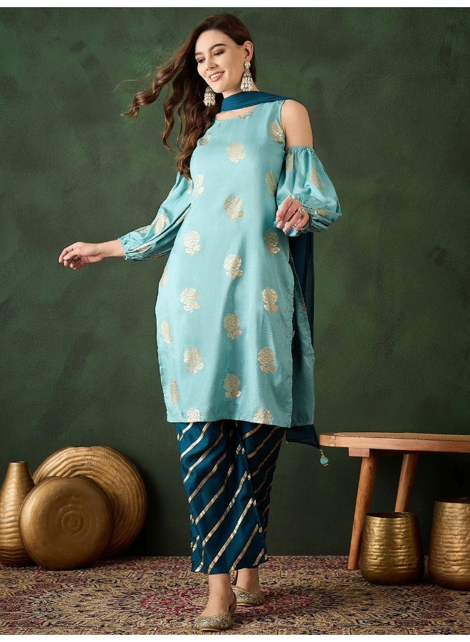 AKS Cyan & Cobalt Blue Foil print Kurta set  - Image 1