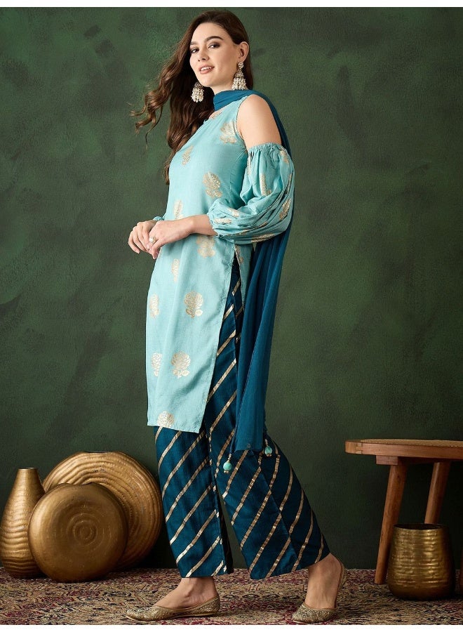 AKS Cyan & Cobalt Blue Foil print Kurta set  - Image 5
