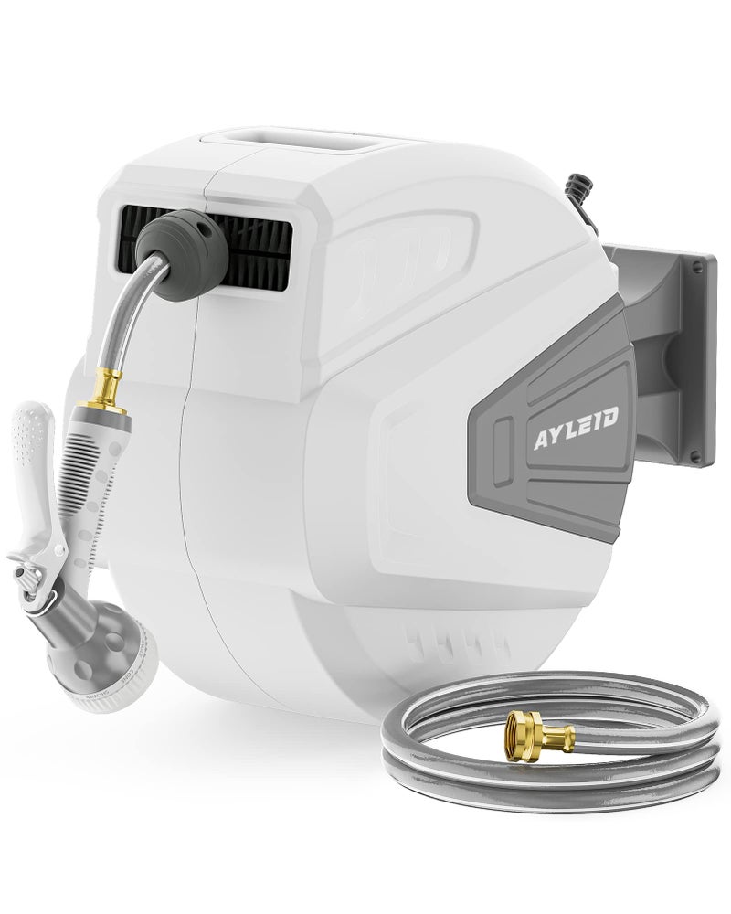 Ayleid Retractable Garden Hose Reel,1/2 in x 65 ft Wall Mounted Hose Reel, with 9- Function Sprayer Nozzle, Any Length Lock/Slow Return System/Wall Mounted/180Â°Swivel Bracket (Gray) - Image 1