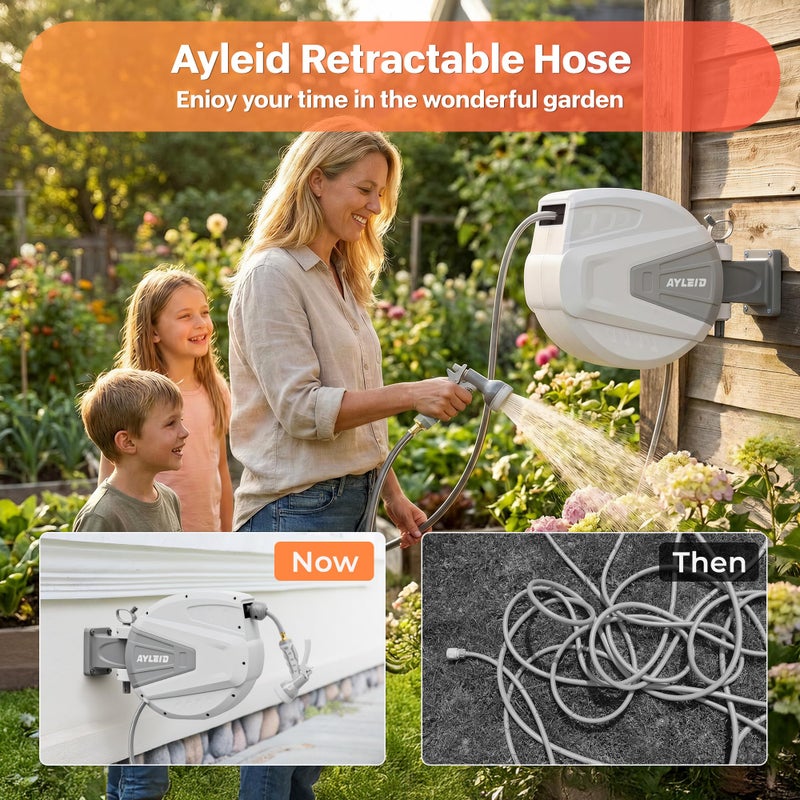 Ayleid Retractable Garden Hose Reel,1/2 in x 65 ft Wall Mounted Hose Reel, with 9- Function Sprayer Nozzle, Any Length Lock/Slow Return System/Wall Mounted/180Â°Swivel Bracket (Gray) - Image 2