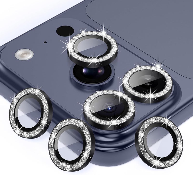 AGVEE 3+3 6 Pack for iPhone 17 Pro 6.3" / 17 Pro Max 6.9" Camera Lens Protector, Bling Diamond & Bling Glitter Metal Ring 9H Tempered HD Glass Camera Cover Film, Bling-Black - Image 1