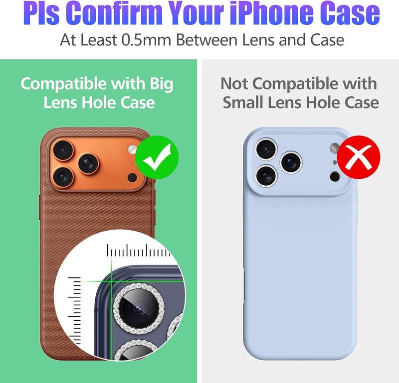 AGVEE 3+3 6 Pack for iPhone 17 Pro 6.3" / 17 Pro Max 6.9" Camera Lens Protector, Bling Diamond & Bling Glitter Metal Ring 9H Tempered HD Glass Camera Cover Film, Bling-Black - Image 3