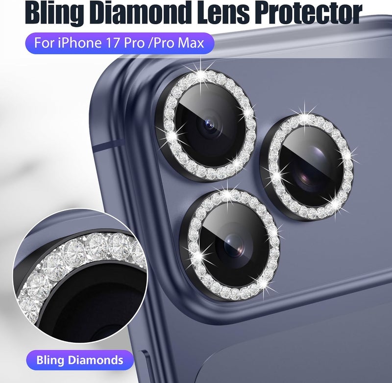 AGVEE 3+3 6 Pack for iPhone 17 Pro 6.3" / 17 Pro Max 6.9" Camera Lens Protector, Bling Diamond & Bling Glitter Metal Ring 9H Tempered HD Glass Camera Cover Film, Bling-Black - Image 4