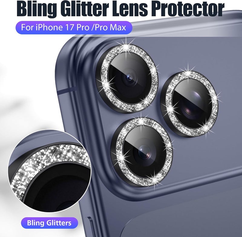 AGVEE 3+3 6 Pack for iPhone 17 Pro 6.3" / 17 Pro Max 6.9" Camera Lens Protector, Bling Diamond & Bling Glitter Metal Ring 9H Tempered HD Glass Camera Cover Film, Bling-Black - Image 5