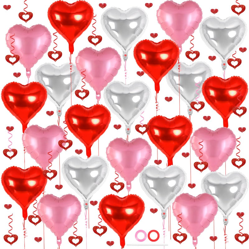 YOTHORN 24 Pcs Red Pink Silver Heart Balloons, 100 Pcs Hearts Hanging Streamers, 18 Inch Heart Foil Balloons Valentine's Day Balloon Love Balloon for Valentines Day Proposal Wedding Party Decorations - Image 1