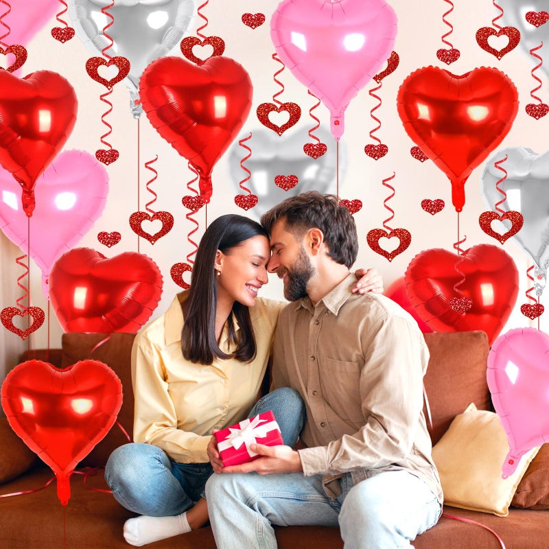 YOTHORN 24 Pcs Red Pink Silver Heart Balloons, 100 Pcs Hearts Hanging Streamers, 18 Inch Heart Foil Balloons Valentine's Day Balloon Love Balloon for Valentines Day Proposal Wedding Party Decorations - Image 3