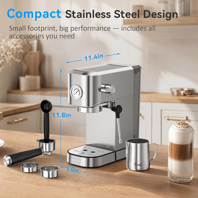 XIXUBX Espresso Machine with Milk Frother for Cappuccino & Latte for Home | 20-Bar Pump, Built-in Pressure Gauge, Powerful Steam Wand, Milk Frothing Pitcher, 42 oz Removable Water Tank, Stainless Steel - Image 3