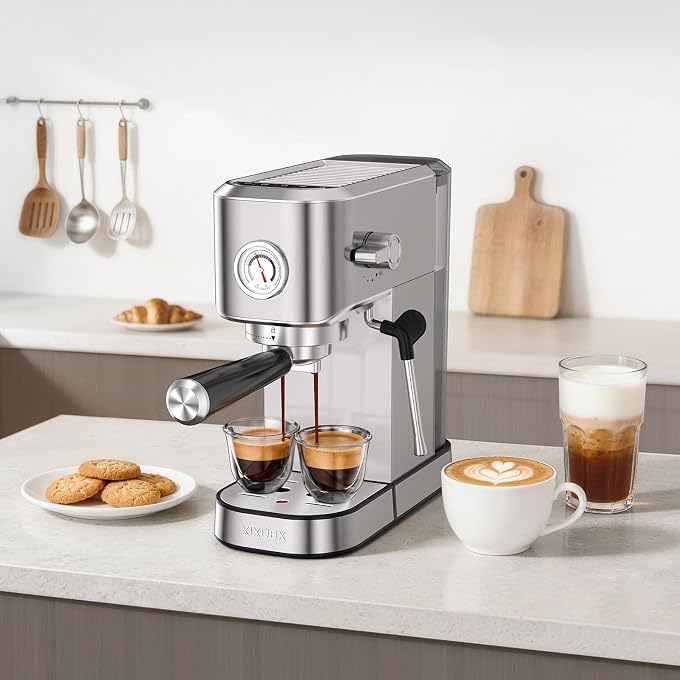 XIXUBX Espresso Machine with Milk Frother for Cappuccino & Latte for Home | 20-Bar Pump, Built-in Pressure Gauge, Powerful Steam Wand, Milk Frothing Pitcher, 42 oz Removable Water Tank, Stainless Steel - Image 2