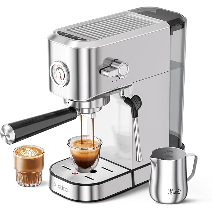 XIXUBX Espresso Machine with Milk Frother for Cappuccino & Latte for Home | 20-Bar Pump, Built-in Pressure Gauge, Powerful Steam Wand, Milk Frothing Pitcher, 42 oz Removable Water Tank, Stainless Steel - Image 1