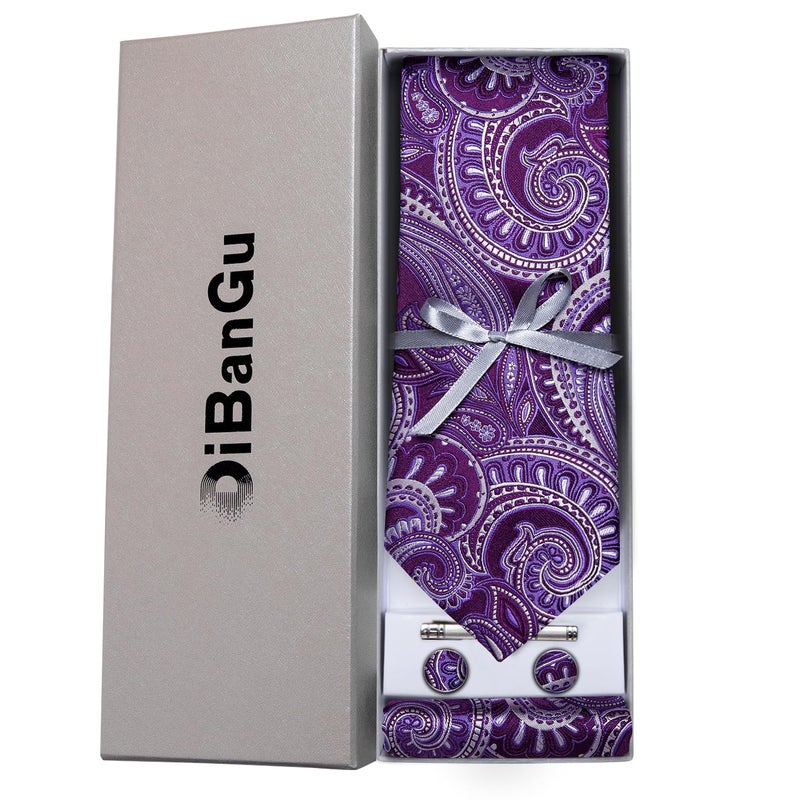 DiBanGu Paisley Ties for Men Silk Necktie and Pocket Square Cufflinks Tie Clip Set Woven Classic Mens Tie for Wedding Party, Purple - Image 3