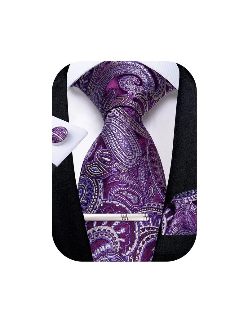 DiBanGu Paisley Ties for Men Silk Necktie and Pocket Square Cufflinks Tie Clip Set Woven Classic Mens Tie for Wedding Party, Purple - Image 1
