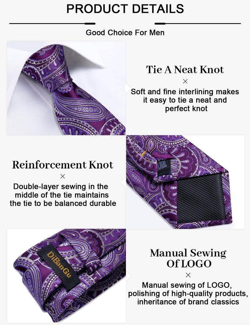 DiBanGu Paisley Ties for Men Silk Necktie and Pocket Square Cufflinks Tie Clip Set Woven Classic Mens Tie for Wedding Party, Purple - Image 5