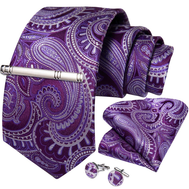 DiBanGu Paisley Ties for Men Silk Necktie and Pocket Square Cufflinks Tie Clip Set Woven Classic Mens Tie for Wedding Party, Purple - Image 4