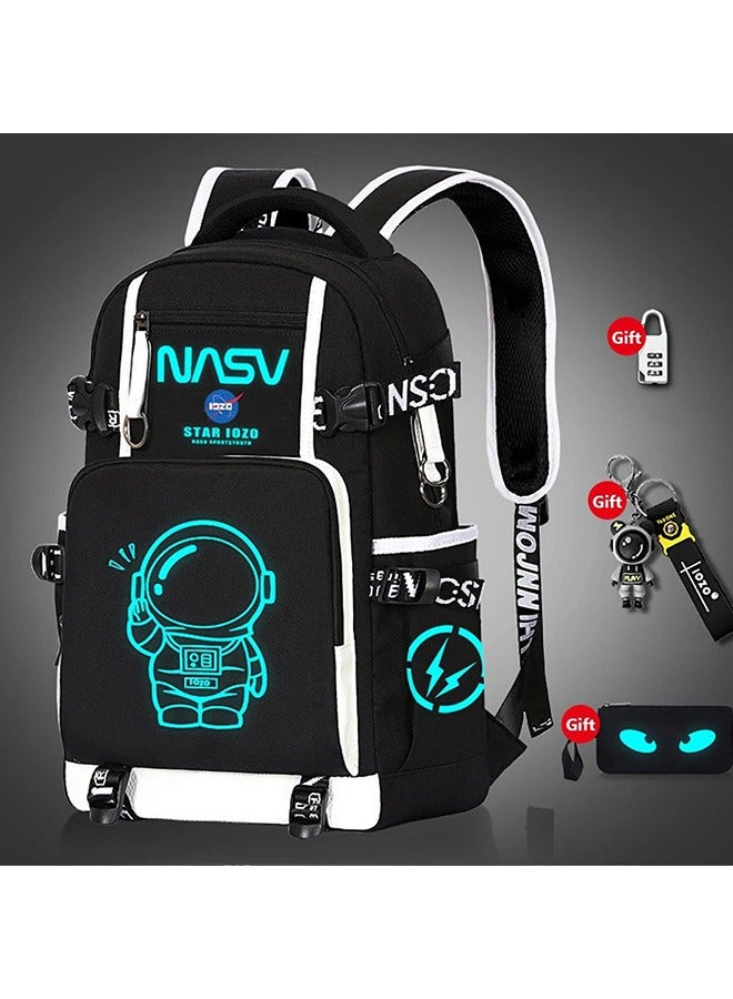 School Bag for Boys and Girls, Laptop School Backpack with Large Capacity and Waterproof,Children School Bags + Pen Pouch & Pendant, Astronaut Glow at NightPattern Space Travel Bag for Kids - Image 1