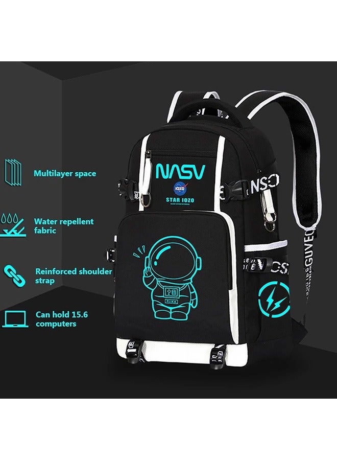 School Bag for Boys and Girls, Laptop School Backpack with Large Capacity and Waterproof,Children School Bags + Pen Pouch & Pendant, Astronaut Glow at NightPattern Space Travel Bag for Kids - Image 2
