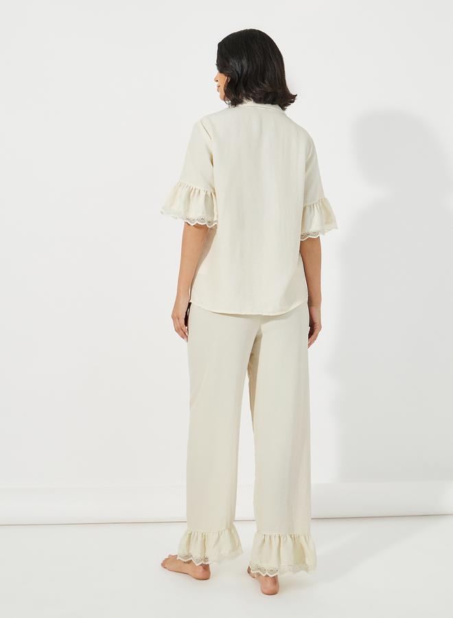 Styli Textured Ruffled Hem Lace Detail Shirt & Pyjama Set - Image 5