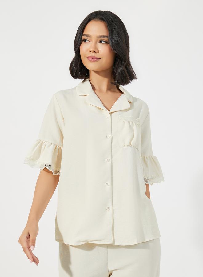 Styli Textured Ruffled Hem Lace Detail Shirt & Pyjama Set - Image 2