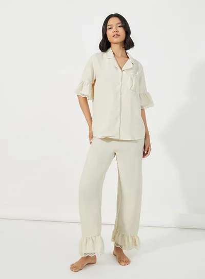 Styli Textured Ruffled Hem Lace Detail Shirt & Pyjama Set