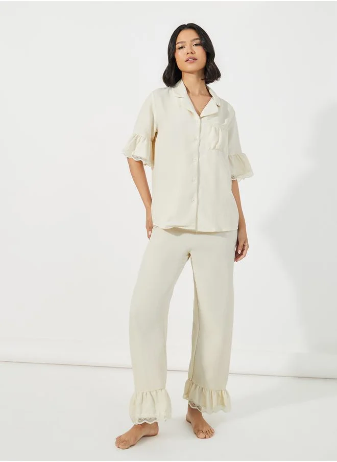 Styli Textured Ruffled Hem Lace Detail Shirt & Pyjama Set