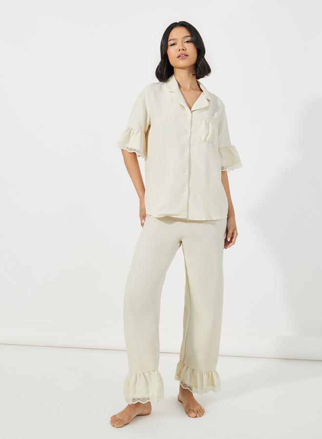 Styli Textured Ruffled Hem Lace Detail Shirt & Pyjama Set - Image 1