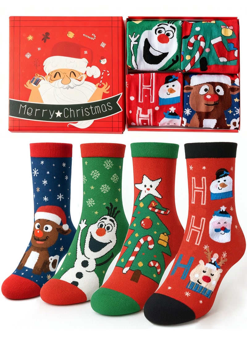 تابيت جوارب عيد الميلاد للنساء/الرجال، 4 أزواج من جوارب عيد الميلاد الدائرية برسومات كرتونية لطيفة (شجرة عيد الميلاد، رنة، رجل ثلج)، جوارب هدايا أعياد الميلاد - Image 1