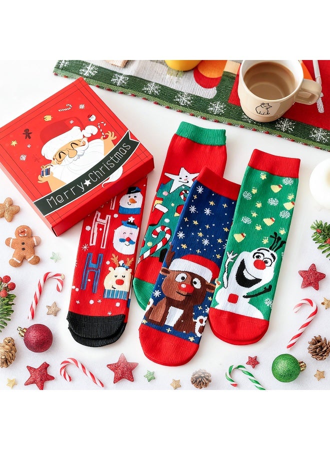 تابيت جوارب عيد الميلاد للنساء/الرجال، 4 أزواج من جوارب عيد الميلاد الدائرية برسومات كرتونية لطيفة (شجرة عيد الميلاد، رنة، رجل ثلج)، جوارب هدايا أعياد الميلاد - Image 4
