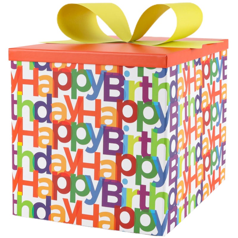 BIOBROWN Medium Birthday Gift Boxes with Lids for Presents, 9x9x9 Inches Text Design Collapsible Gift Box for Birthday, Baby Shower, Party - Image 1