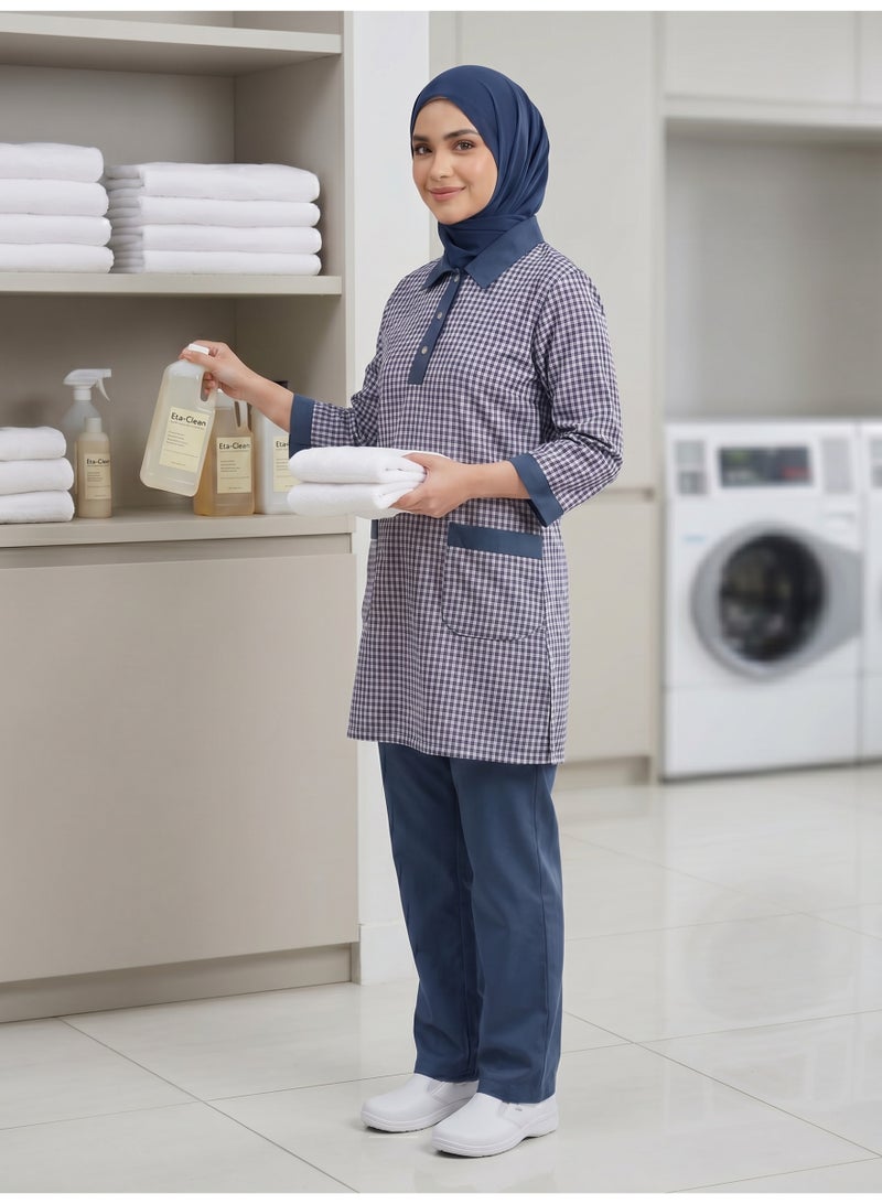 زي عاملة منزل نسائي كاروهات مع بنطلون و2 جيب أمامي - Image 2