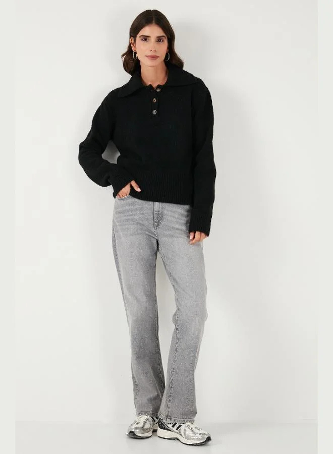 Lela Lela Wool Blend Regular Fit Button-Down Polo Collar Sweater Women's POLO COLLAR SWEATER 4617019