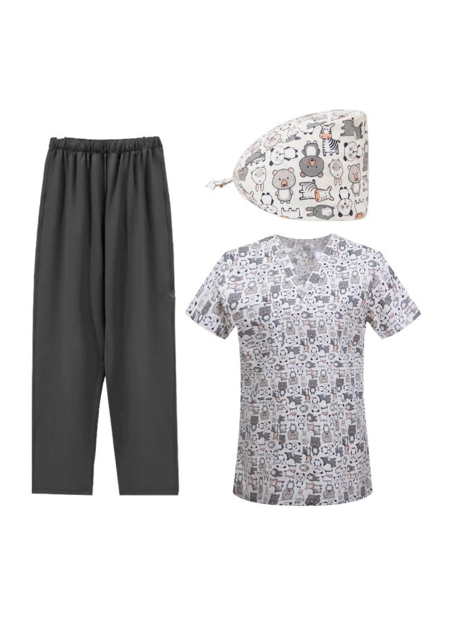 Loquat Womens Medical Scrubs Set Medical Uniform Set black pants and a patterned top - Image 1