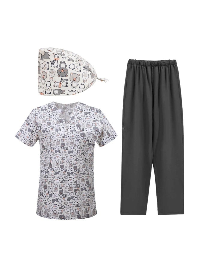 Loquat Womens Medical Scrubs Set Medical Uniform Set black pants and a patterned top - Image 2