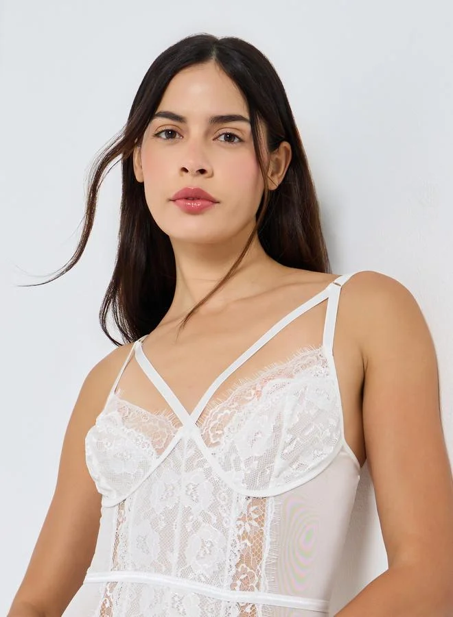 Styli Styli Apex Strap Lace Mesh Panel Bodysuit