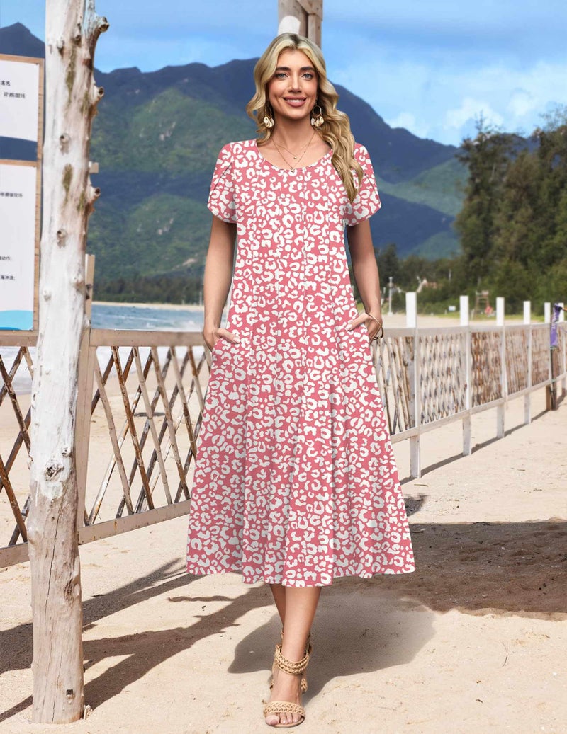HOTOUCH Short Sleeve Dresses for Women 2026 Cotton Midi Dress Floal Long Dresses Womens Casual Flare Sundress Boho Dress, Pink Floral,M - Image 3